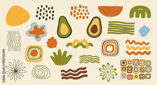 Bohemian abstract organic shapes collection, hand drawn natural elements set