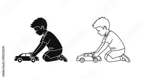 Two children playing with toy cars - kids having fun with vehicles - black and white drawing Vector