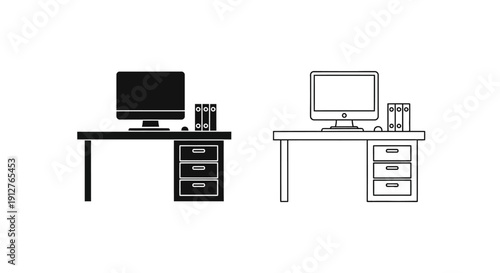 Minimalist office desks with computers and filing cabinets Vector