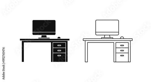 Modern office desk with computer and filing cabinet, minimalist workspace design Vector