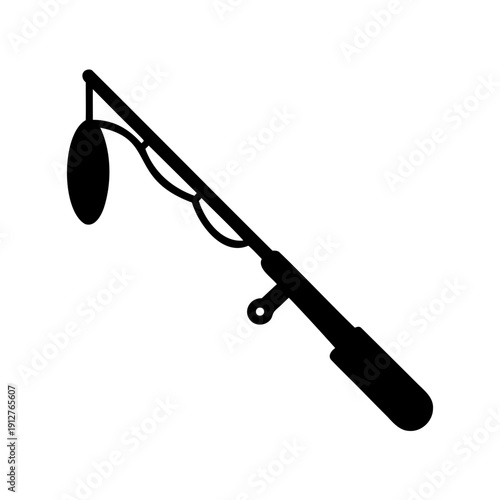 Black silhouette illustration of a fishing pole with bobber equipment on white