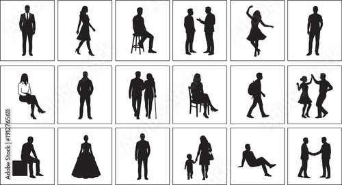 People silhouette collection featuring business professionals couples dancers family figures and everyday lifestyle poses vector set