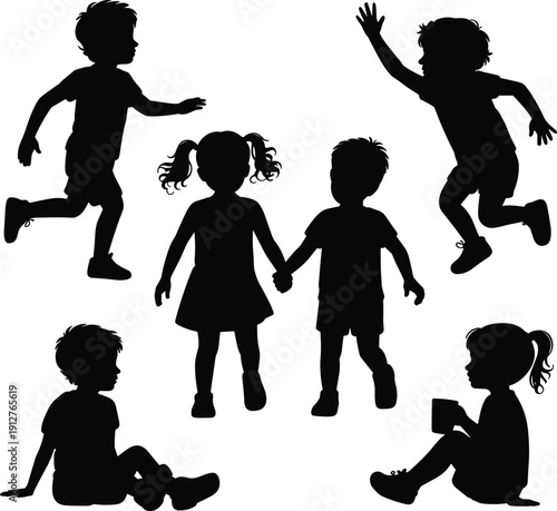 Kids silhouette set with children running, jumping, sitting and holding hands, black child shadow figures for playground, fun activity and friendship