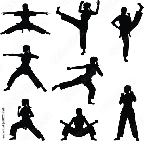 Martial arts fighter silhouette set with karate and taekwondo poses, kicking and punching training actions, black sport combat athletes isolated on white
