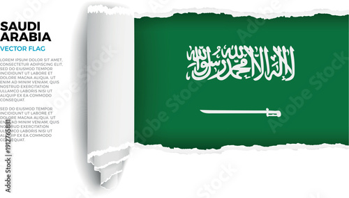 Flag of Saudi Arabia. Flag revealed through torn paper rolled up on a transparent background