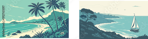 Set of Vintage Style Illustrations featuring a Tropical Palm Beach and a Serene Coastal Bay with a Sailboat