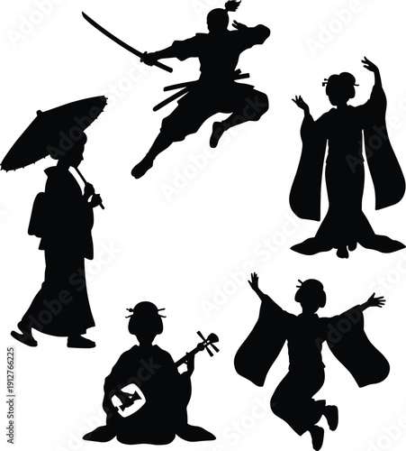 Japanese culture silhouette set with samurai warrior, geisha woman dancing, traditional musician and kimono figures, black oriental characters isolated on white background