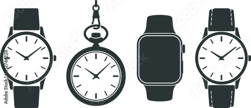 Watch and pocket watch silhouette collection set, classic wristwatch smart watch black illustration