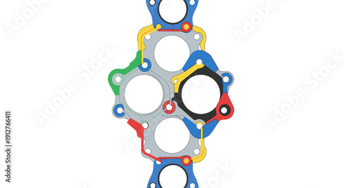 Complex Mechanical Linkage Diagram. Abstract Colorful Industrial Connection Assembly Illustration Isolated on White.