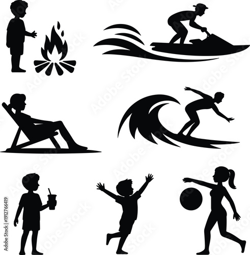 Summer vacation silhouette set with kids playing, beach relaxing, campfire scene, surfing and jet ski water sport activities, black outdoor recreation icons