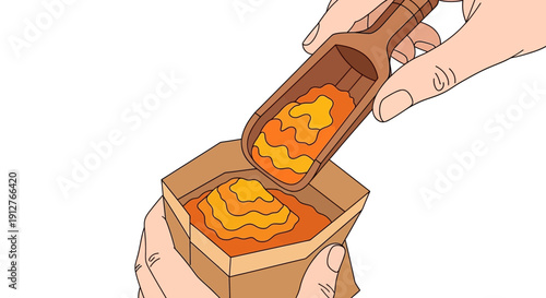 Bulk Food Scoop: Hand Filling Paper Bag with Orange Spice Powder or Ingredient. Zero Waste Shopping Cartoon Illustration.