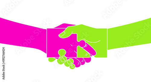 Partnership Jigsaw: Neon Green and Pink Hands Connecting Puzzle Piece. Collaboration, Solution, and Teamwork Concept Vector Illustration.