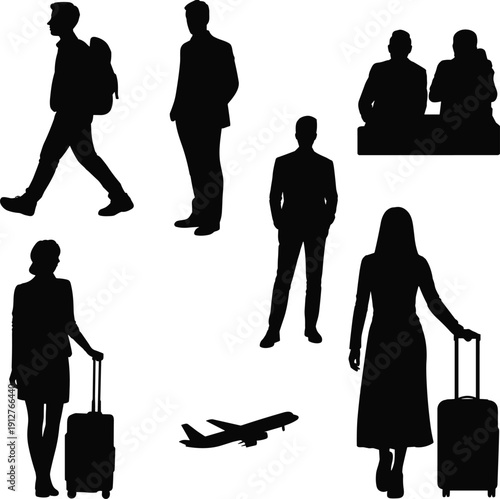 Business traveler silhouette set with men and women walking, standing and carrying luggage, airport waiting scene with airplane icon, black travel figures