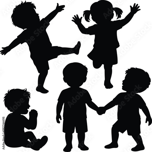 Kids silhouette set with children jumping, dancing, sitting and holding hands, black child shadow figures for playground, fun activity and friendship
