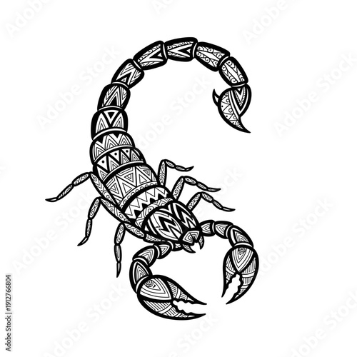 Intricate black and white drawing of a scorpion with detailed geometric patterns, presented in a tribal or zentangle art style.