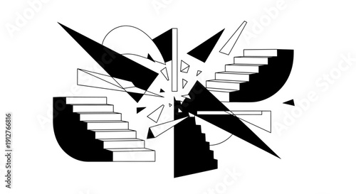 Abstract geometric black and white composition with fragmented stairs and sharp shapes
