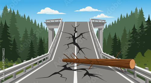 Vector illustration of a broken bridge with a fallen tree, symbolizing infrastructure damage and disaster
