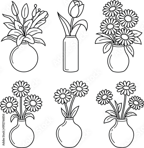 Hand drawn flower vase outline set with lily, tulip and daisy bouquets in bottles and pots, black and white floral doodle illustrations isolated