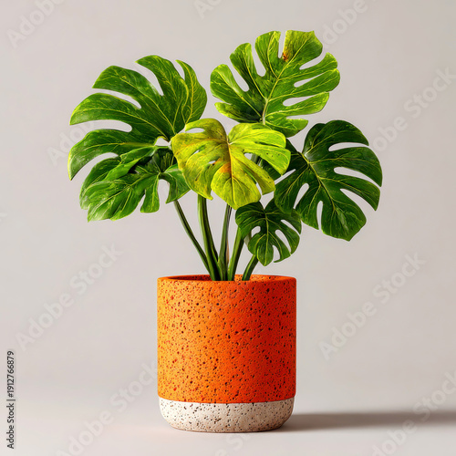 Monstera plant with green leaves in orange pot on white background