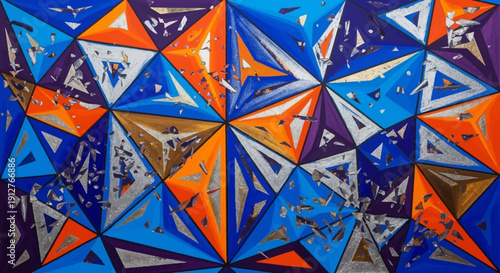 Colorful Abstract Geometric Pattern with Faceted Triangles and Metallic Texture