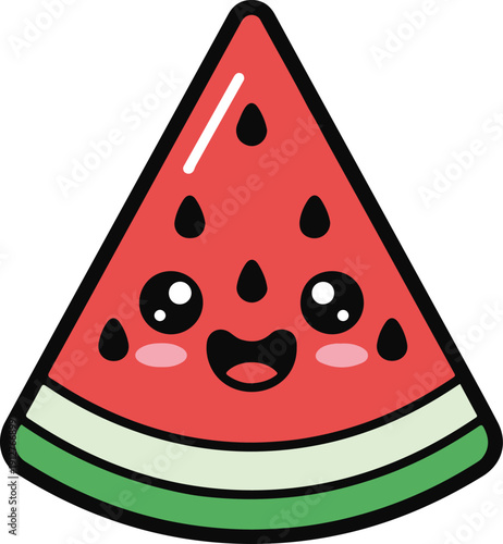 Smiling cartoon watermelon slice with black eyes and rosy cheeks smiling fruit red and green watermelon slice