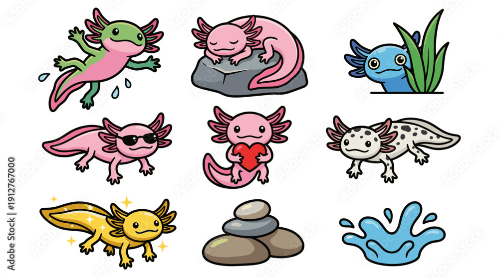 Obraz premium Cute cartoon axolotl vector stickers set featuring sleeping, swimming and loving salamander characters in various poses with heart, sunglasses and zen stones.
