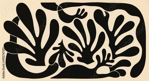 Abstract Organic Botanical Shapes in Black on a Light Beige Background