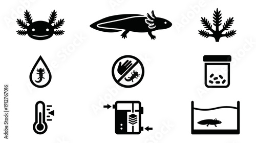 Axolotl aquarium setup and care glyph icons vector set including water temperature thermometer, filtration system, food jar, swimming amphibian, gills and warning sign symbols.