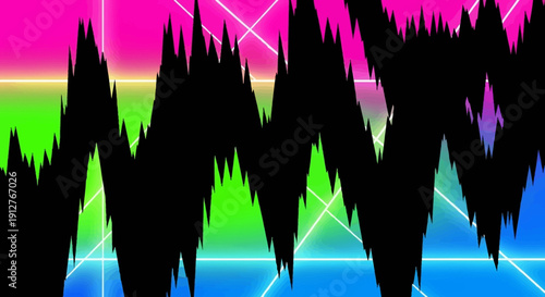 Vibrant Digital Waveform on Neon Gradient Background with Geometric Lines