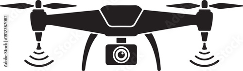 Black drone with camera on white background aerial