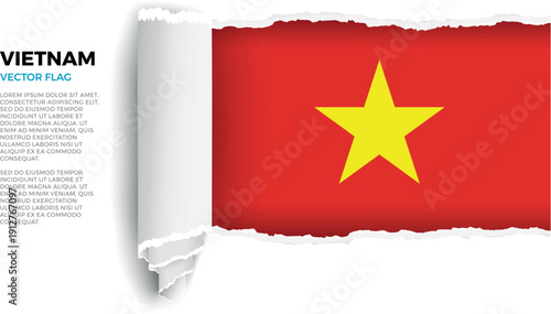 Flag of Vietnam. Flag revealed through torn paper rolled up on a transparent background