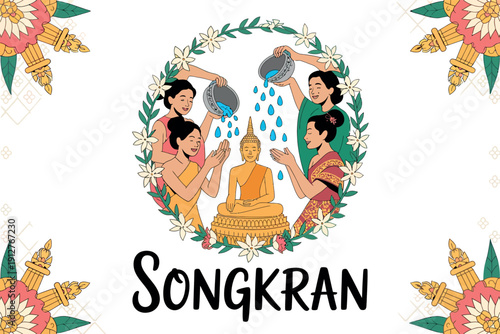 Songkran Festival Water Blessing Ceremony with Buddha and Thai Traditional Rituals