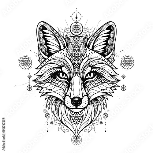 Intricate black and white fox head illustration with detailed mandala and zentangle patterns, showcasing spiritual animal art.