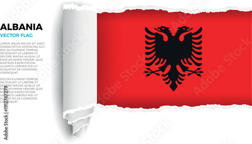 Flag of Albania. Flag revealed through torn paper rolled up on a transparent background