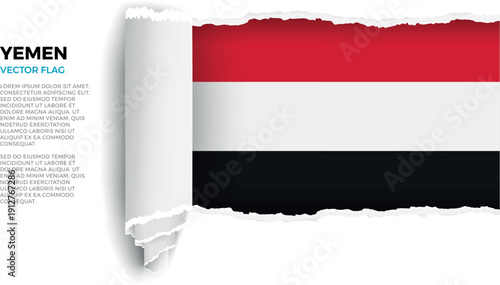 Flag of Yemen. Flag revealed through torn paper rolled up on a transparent background