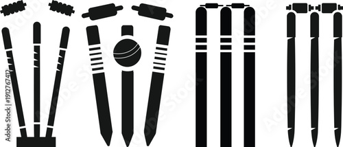 Cricket Wicket Stumps and Bails Silhouette Icon Set, Sports Championship Equipment Vector Collection