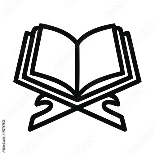 Vector outline icon of an open holy book resting on a wooden stand, depicted with clean black lines, isolated on a transparent background for religious or educational UI design.