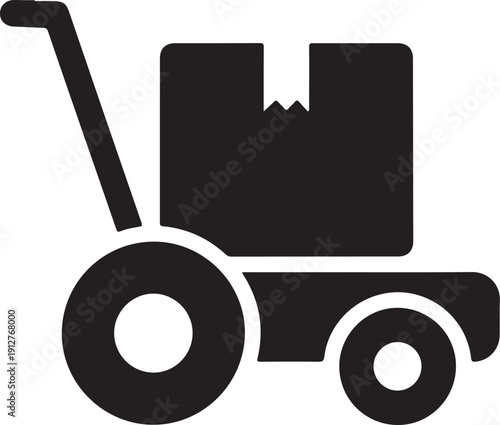 Black silhouette of a dolly with a box on it hand truck