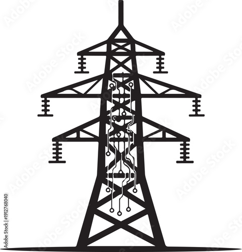 Black silhouette of a power transmission tower with insulators and wires power tower electricity