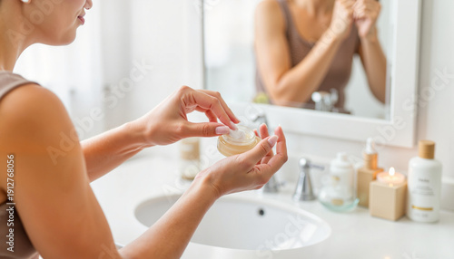 Woman applying hand cream at vanity table in daylight, self-care routine