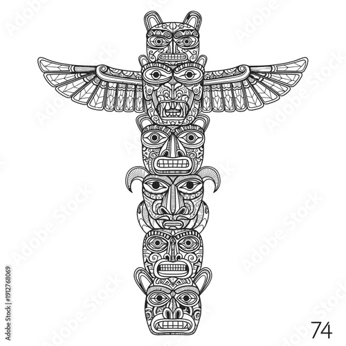 A detailed black and white illustration of a traditional totem pole with multiple stacked figures and intricate patterns, representing indigenous art and culture.
