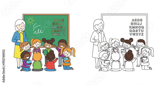 Happy teacher and diverse students group in classroom learning alphabet, coloring book page vector illustration