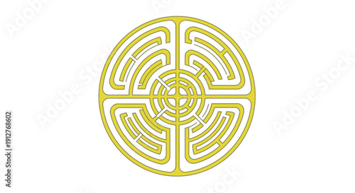 Yellow Circular Labyrinth Maze Vector Illustration. Complex Puzzle Game, Finding the Solution Path Concept.