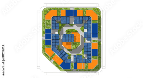 Sustainable Architecture Plan: Overhead view of a Residential Complex Roof featuring extensive Photovoltaic Solar Panel Integration.