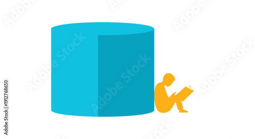 Data Overload and Learning: Man Reading Book Leaning on Massive Blue Data Storage Cylinder | Big Data Visualization and Management