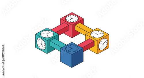 Time Synchronization Network Concept. Isometric Cubes with Clocks Representing Global Workflow, Distributed System Management, and Efficiency.