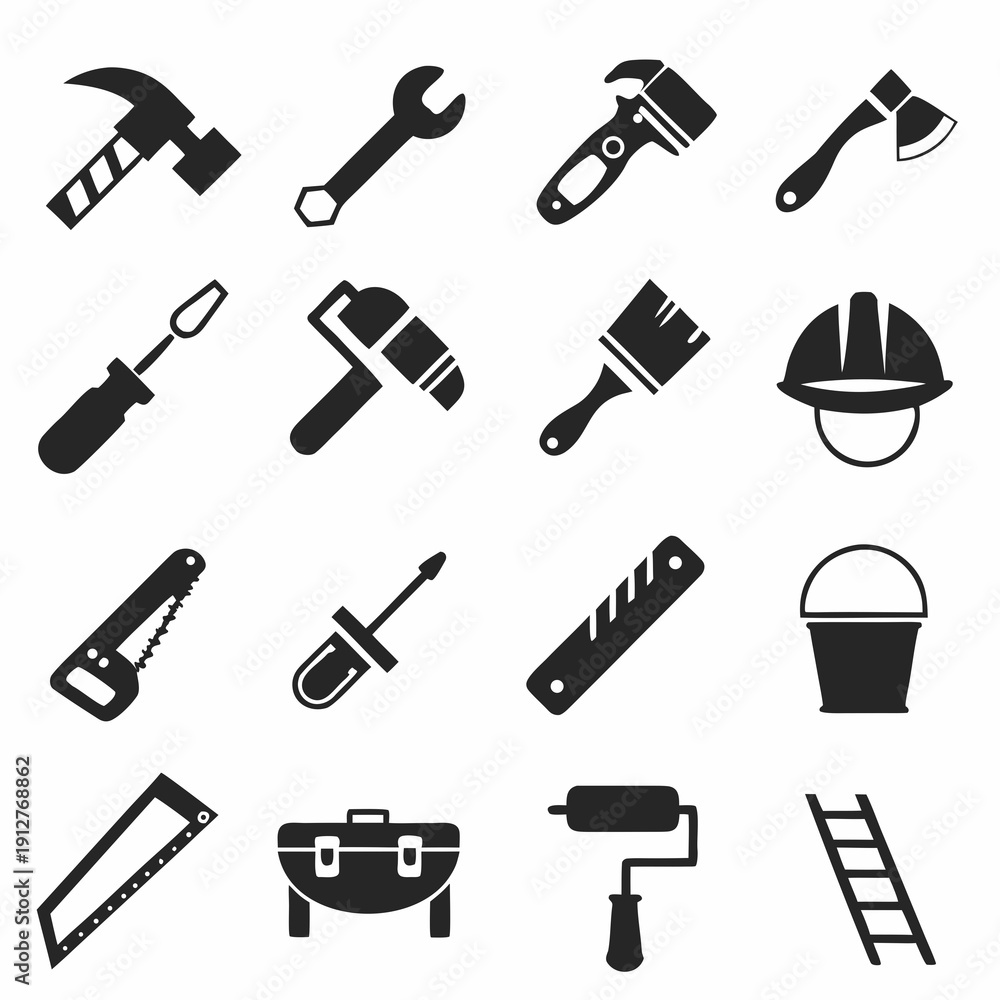 Obraz premium A set of black and white vector icons depicting various construction and hand tools