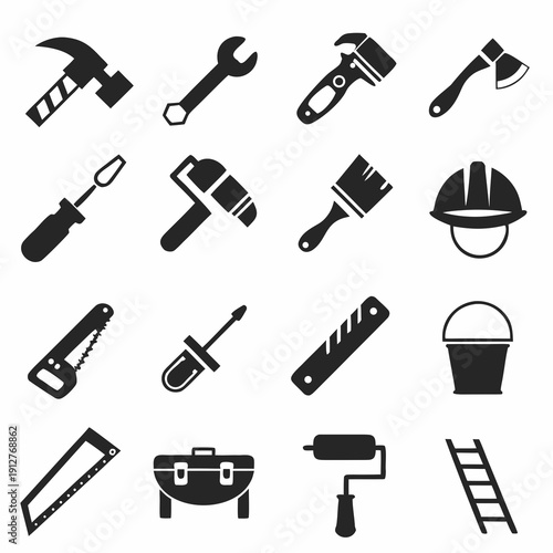 A set of black and white vector icons depicting various construction and hand tools