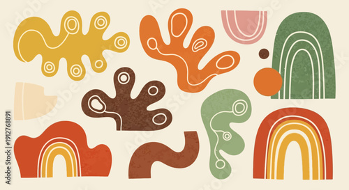Abstract Organic Shapes Collection, Retro Bohemian Design Elements, Earthy Tones Aesthetic