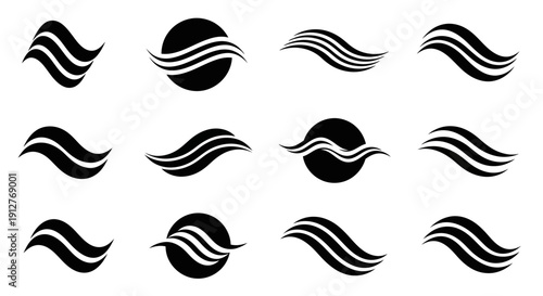 Abstract Wave Logo Elements Set. Black Fluid Motion Icons and Symbols.